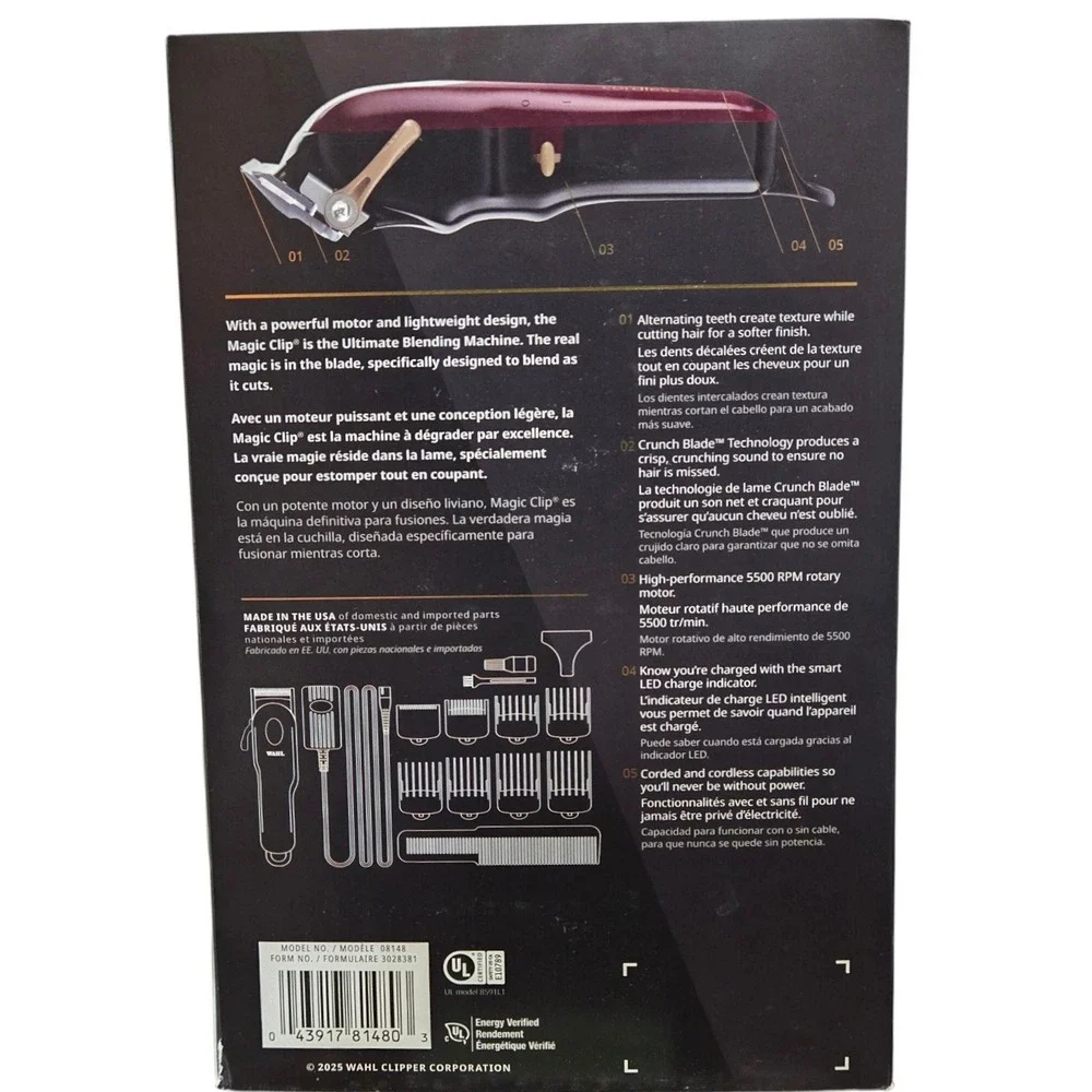Wahl Professional 5-Star Cordless Magic Clip Hair Clipper Burgundy 8148